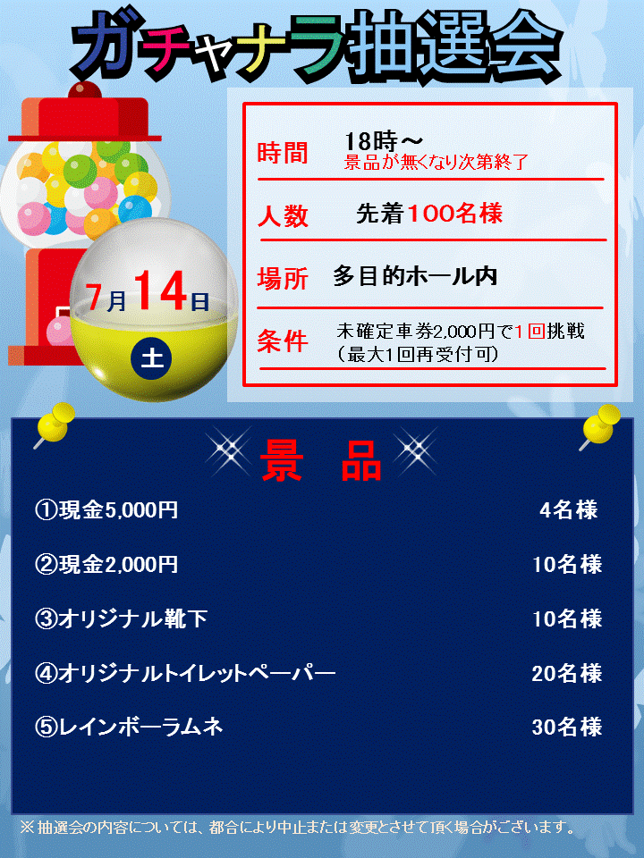 18 07 14ナイターガチャナラ抽選会のお知らせ トピックス 奈良けいりん 奈良競輪オフィシャルサイト